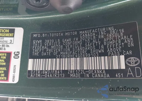 2016 Toyota Corolla Le Plus from USA, damaged, VIN 2T1BURHE4GC699103